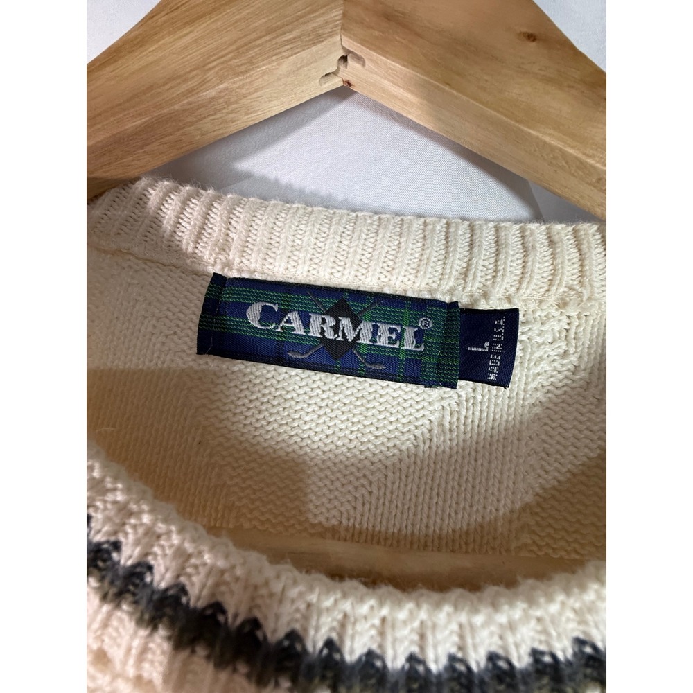 Vintage Carmel Golf Sweater Mens Large Cream White Cotton Knit Diamond Pattern L - Picture 3 of 10